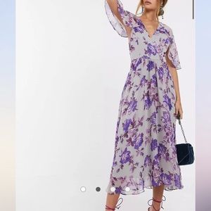 Floral Drape Sleeves Midi Dress